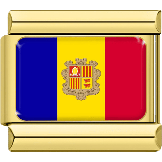 Italian charm with a gold border showing the vertical blue, yellow and red stripes of Andorra’s flag with the national coat of arms in the middle.